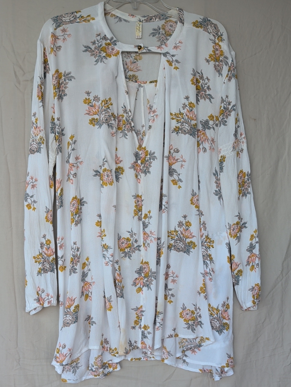 FP Movement by Free People White Floral Long-Sleeve Tunic with Pink & Mustard